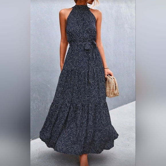 NEW Chic Dot Print Tiered Ruffle Halter Maxi Dress Navy Blue White - Picture 5 of 9